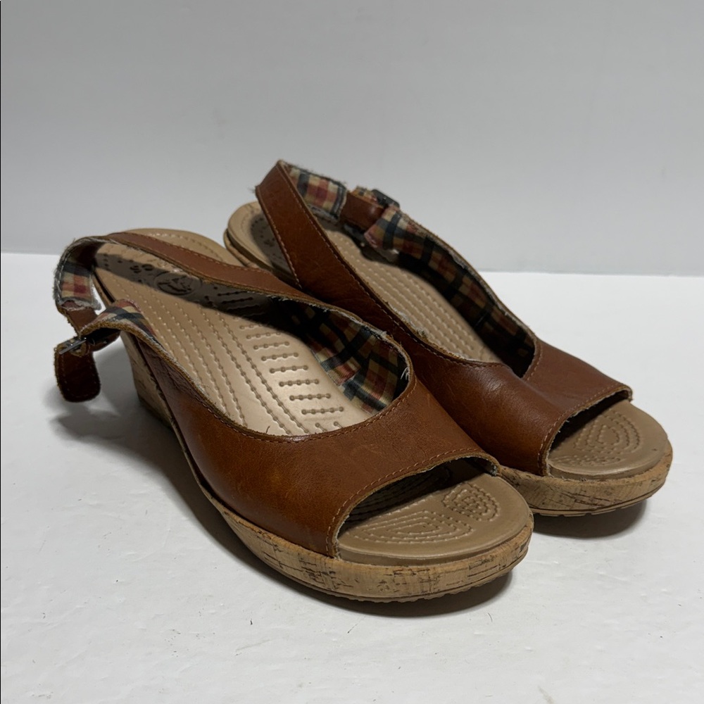 Crocs A Leigh Brown Leather Slingback Wedge Sandals